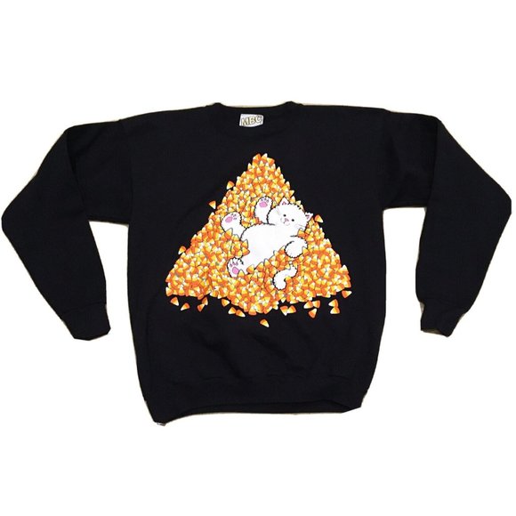 MBC Tops - Vintage Halloween Sweatshirt Adult Size L Candy Corn Cat Kitten USA MBC Tultex